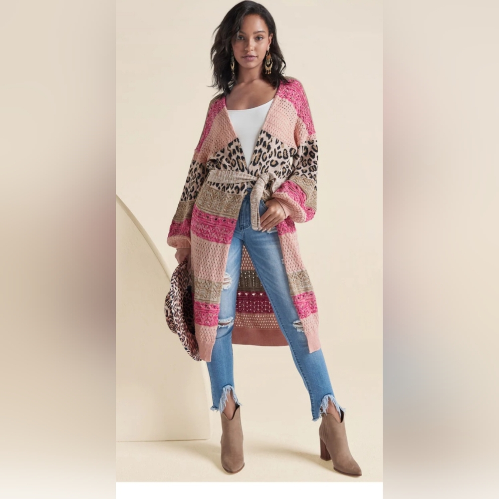 VENUS Mixed Print Belted Duster Medium-Large-Pink Multi Color